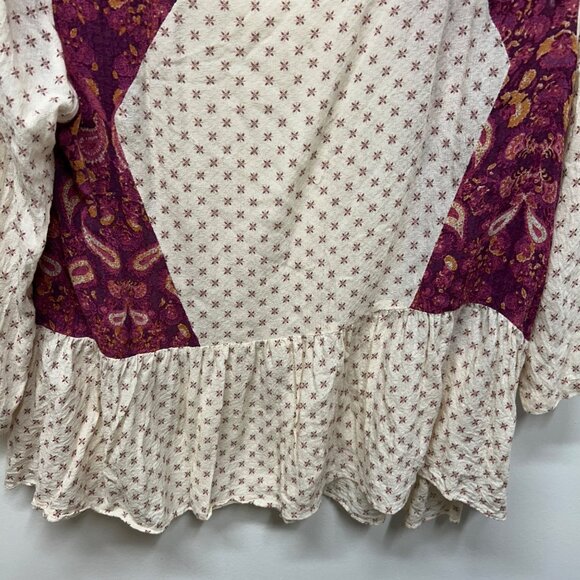 Free People Patchwork Boho Peplum Top M Cream & Purple 100% Rayon - Picture 4 of 8